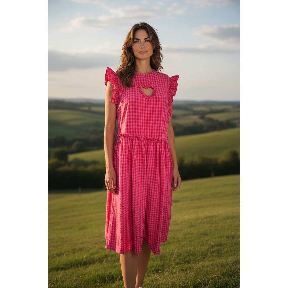 Lazy Oaf Pink Gingham Heart Cutout Dress Ruffle Sleeve Midi sz 12 NWT